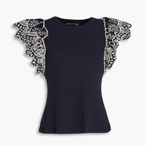 Veronica Beard Ruffled Broderie Anglaise-Trimmed Sz M Cotton Blend Jersey Top